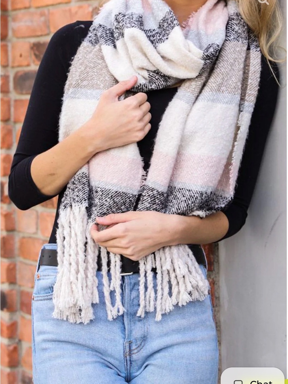 NWT Cozy Oversized Blanket Plaid Fringe Scarf - Pink & Cream